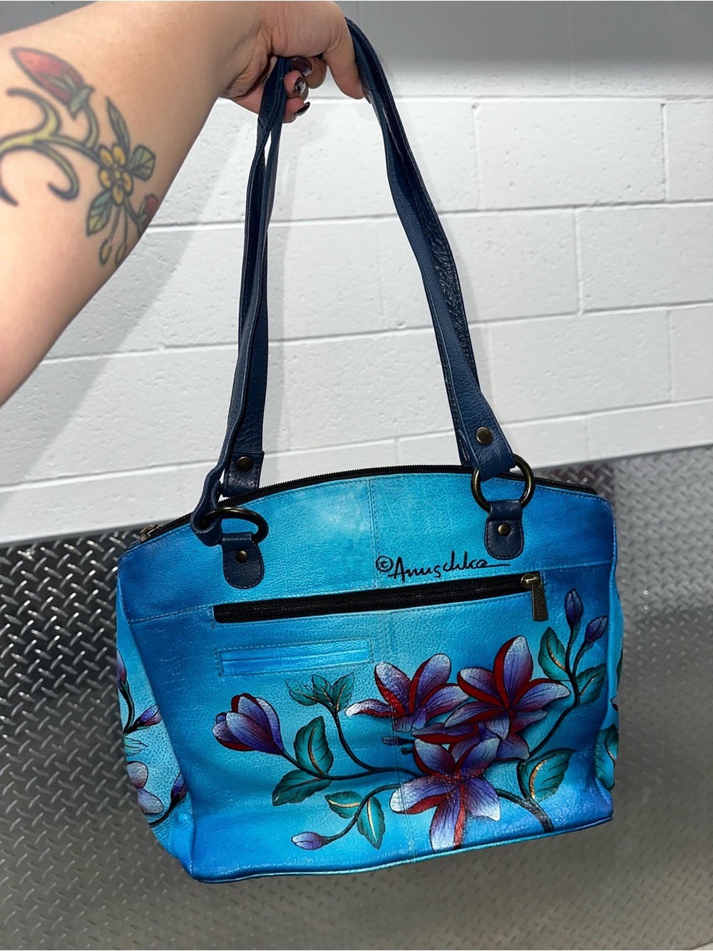 Anuschka Blue Floral Leather Shoulder Bag with Navy Straps - Picture 4 of 12